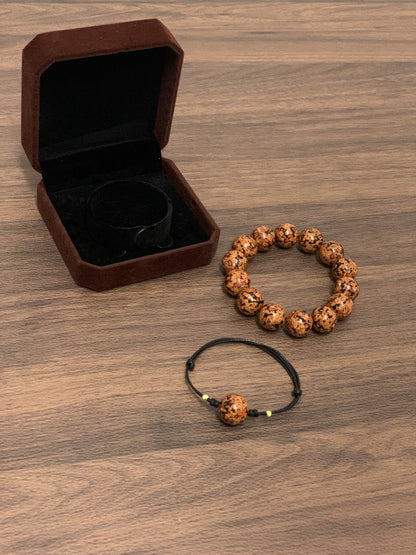 LanHeal Lacquer Sandalwood Beads Couple Bracelets with storage box displayed on a wooden table.