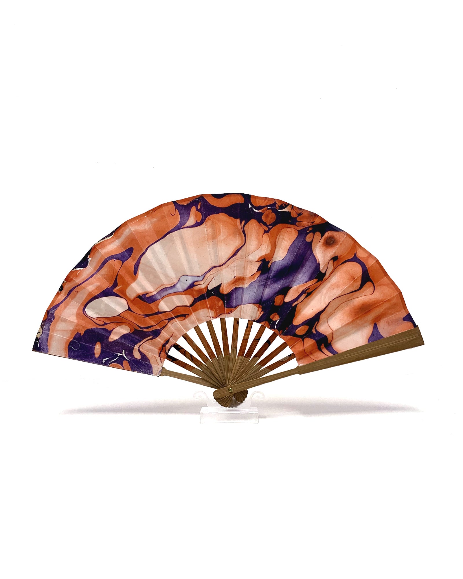 Back view of LanHeal 'Dancing Ghost' handmade folding fan, fully opened on white background, showcasing an intricate, creative design.