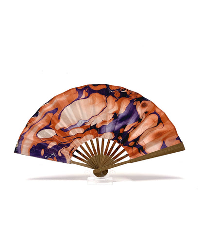 Back view of LanHeal 'Dancing Ghost' handmade folding fan, fully opened on white background, showcasing an intricate, creative design.