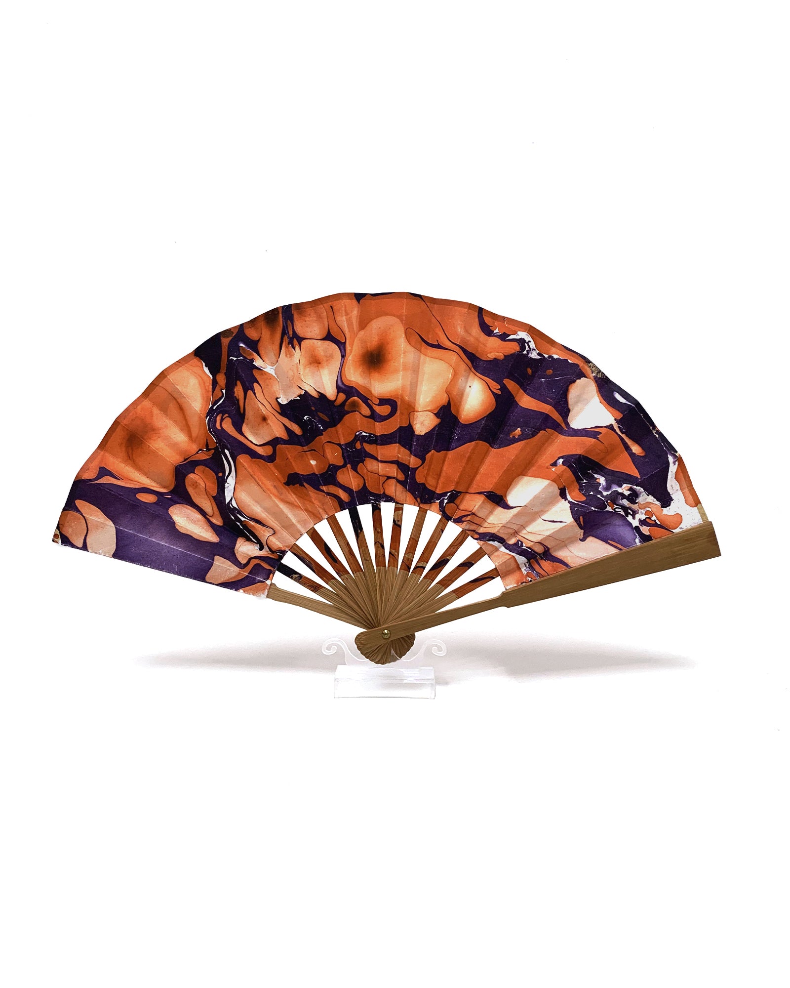 Front view of LanHeal 'Dancing Ghost' handmade folding fan, fully opened on white background, featuring a unique and artistic design.