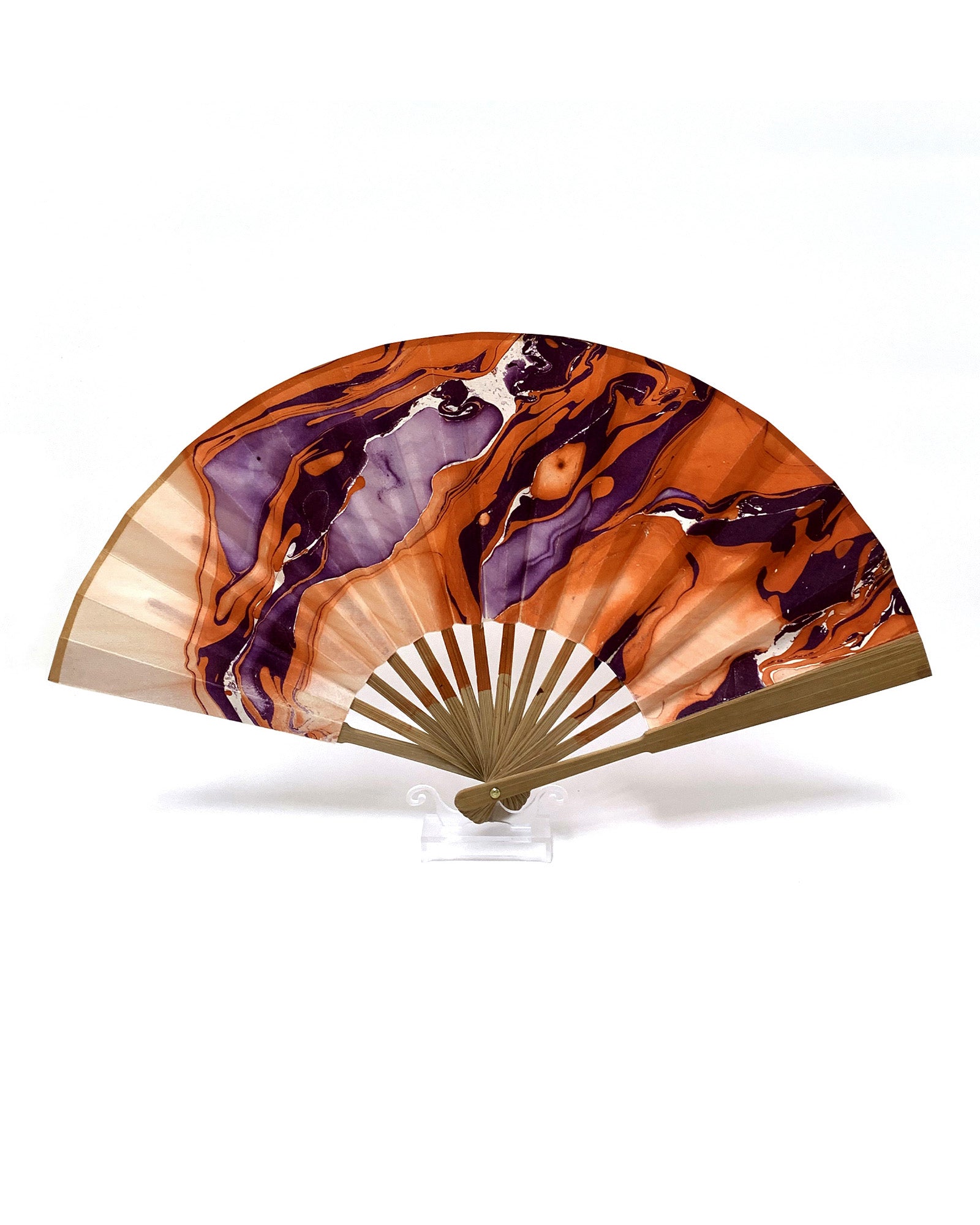 LanHeal 9-inch 'Eerie Eyes' handmade bamboo folding fan, fully opened on a white background with an orange backdrop and detailed purple-outlined eye.