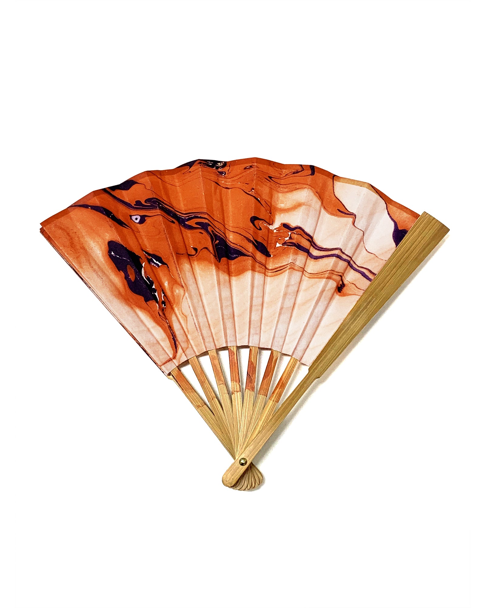 Partially open back view of LanHeal 'Eerie Eyes' folding fan on white background, with orange backdrop, purple lines, and eye-like oval.