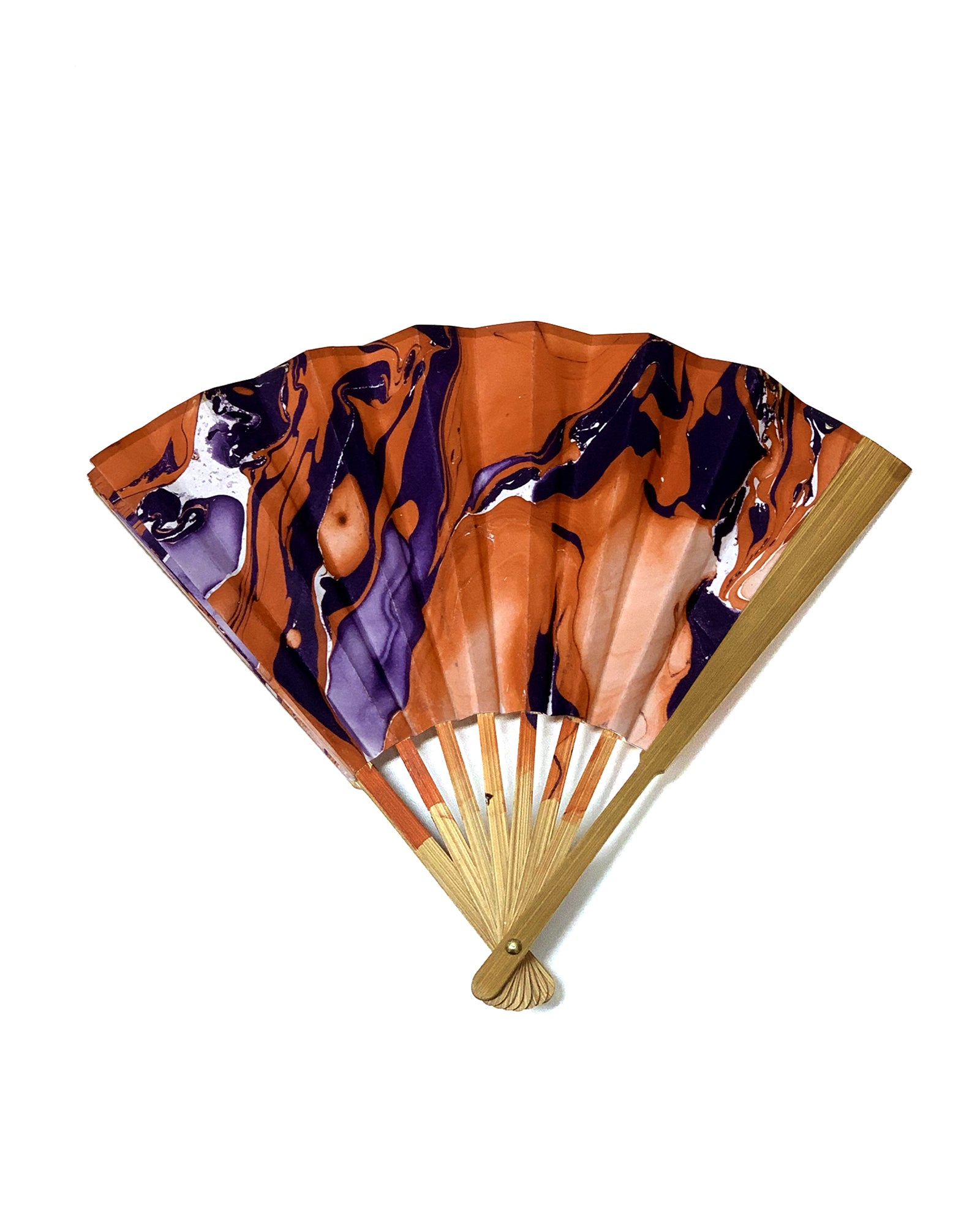 Partially open view of LanHeal 9-inch 'Eerie Eyes' handmade fan on white background, showcasing a realistic eye design with purple outlines.