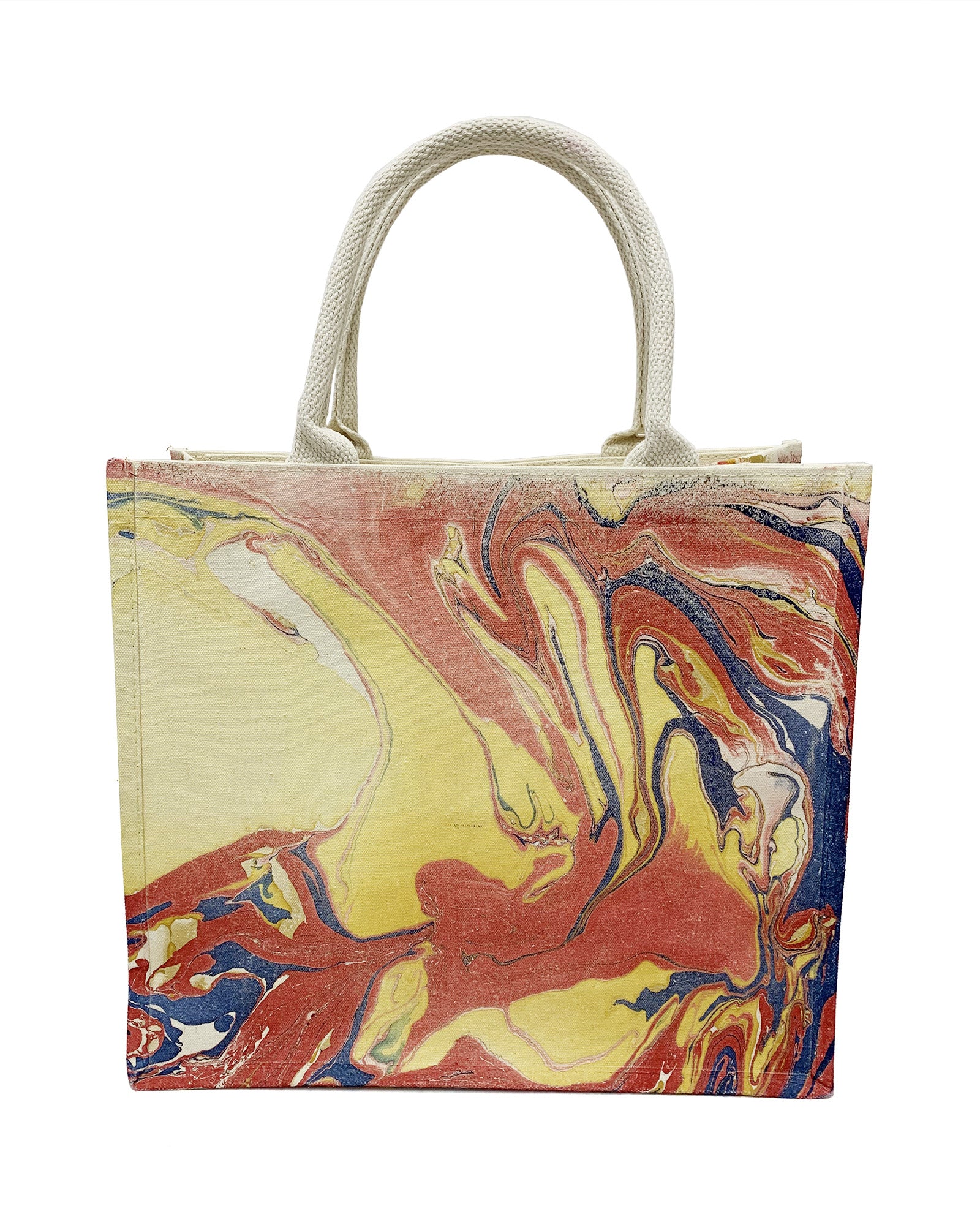 Back view of LanHeal 'Fire Phoenix' handmade lacquer-dyed canvas bag on white background, showcasing vibrant swirls of yellow, red, blue, and gold tones in a striking abstract design.