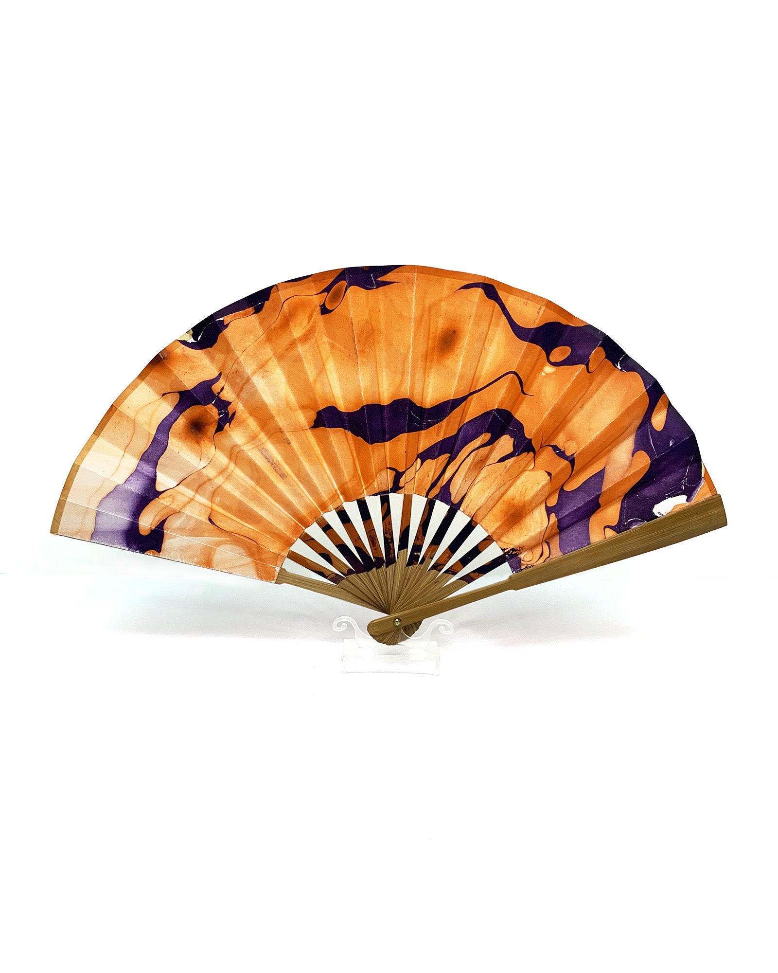 Back view of LanHeal 'Flying Bats' handmade folding fan, fully opened on white background, showcasing intricate bat-themed artwork.