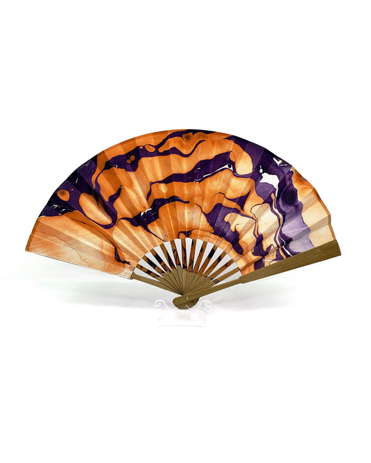 Front view of LanHeal 'Flying Bats' handmade folding fan, fully opened on white background, featuring a dynamic bat design.
