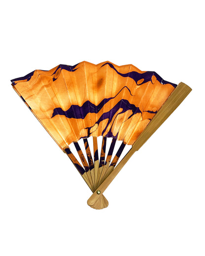 Partially open back view of LanHeal 'Flying Bats' handmade folding fan on white background, showing a bat-inspired design.