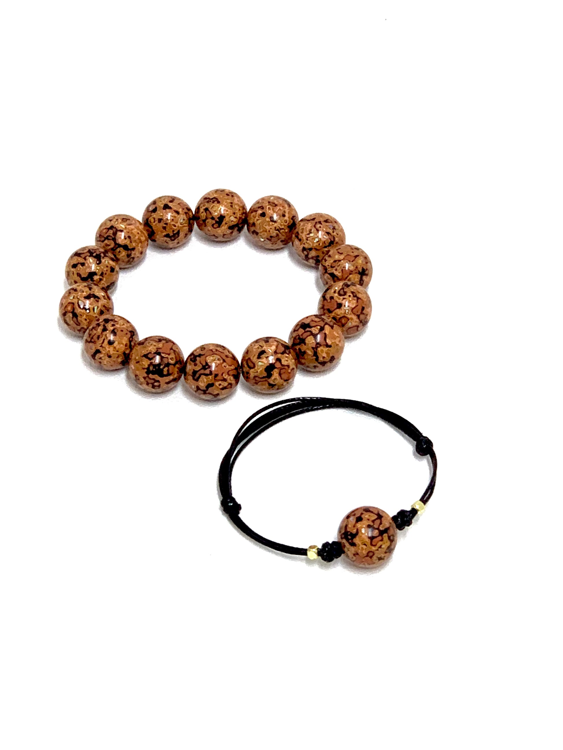LanHeal Couple Bracelets made with sandalwood, covered in Chinese lacquer (orange and black), featuring Mother-of-pearl crafts, displayed on a white background.
