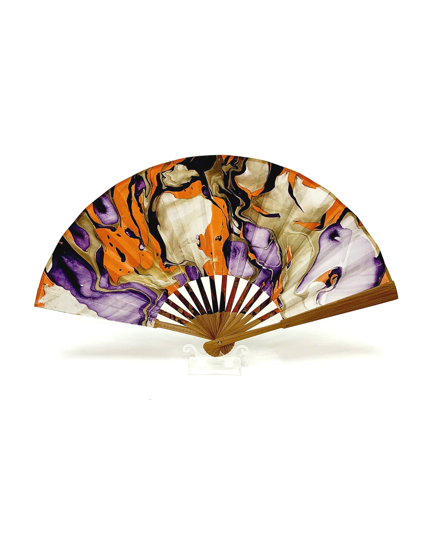Back view of LanHeal 'Venomous Snake' handmade folding fan, fully opened on white background, with an abstract and captivating design.