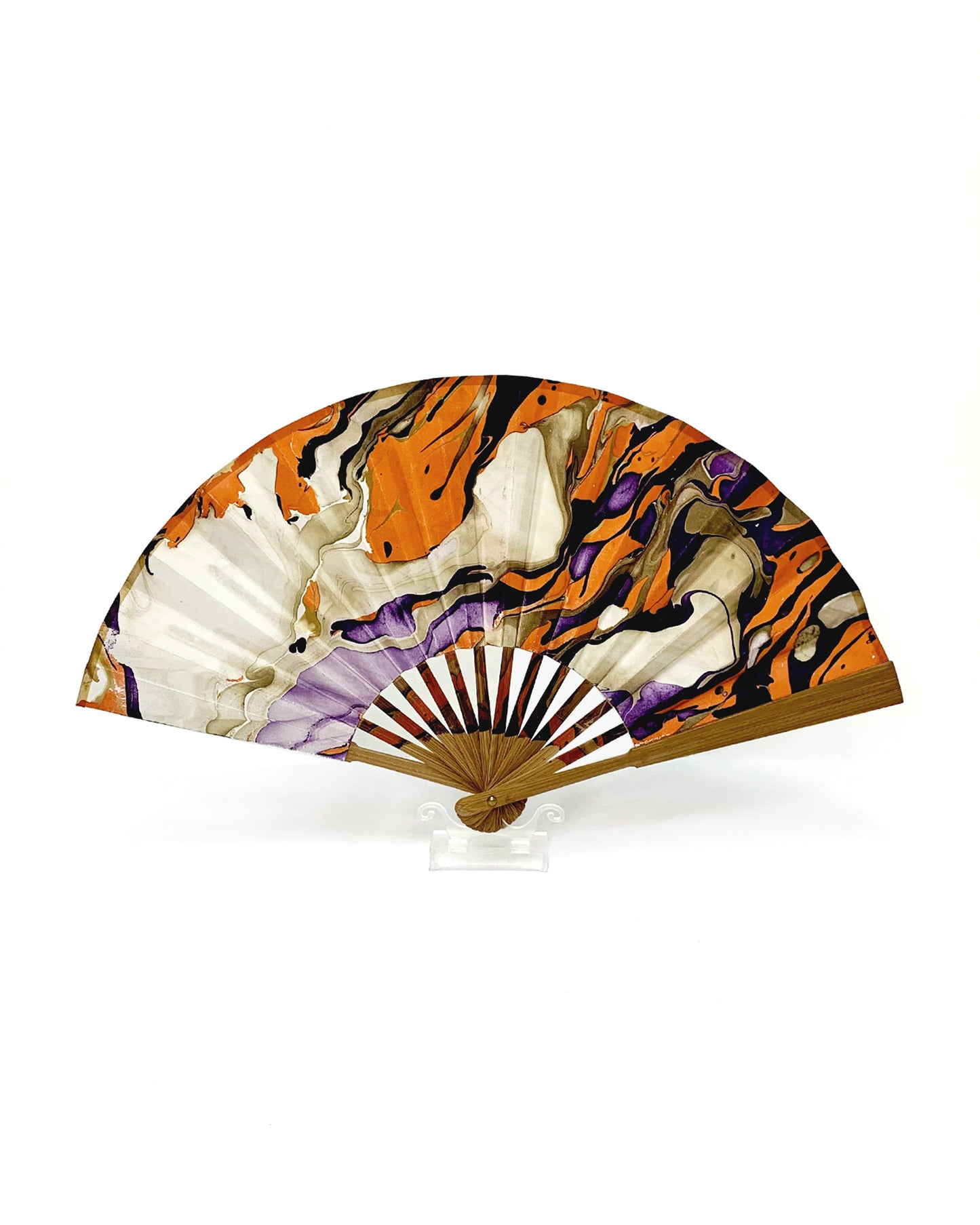 Front view of LanHeal 'Venomous Snake' handmade folding fan, fully opened on white background, featuring a unique and artistic pattern.
