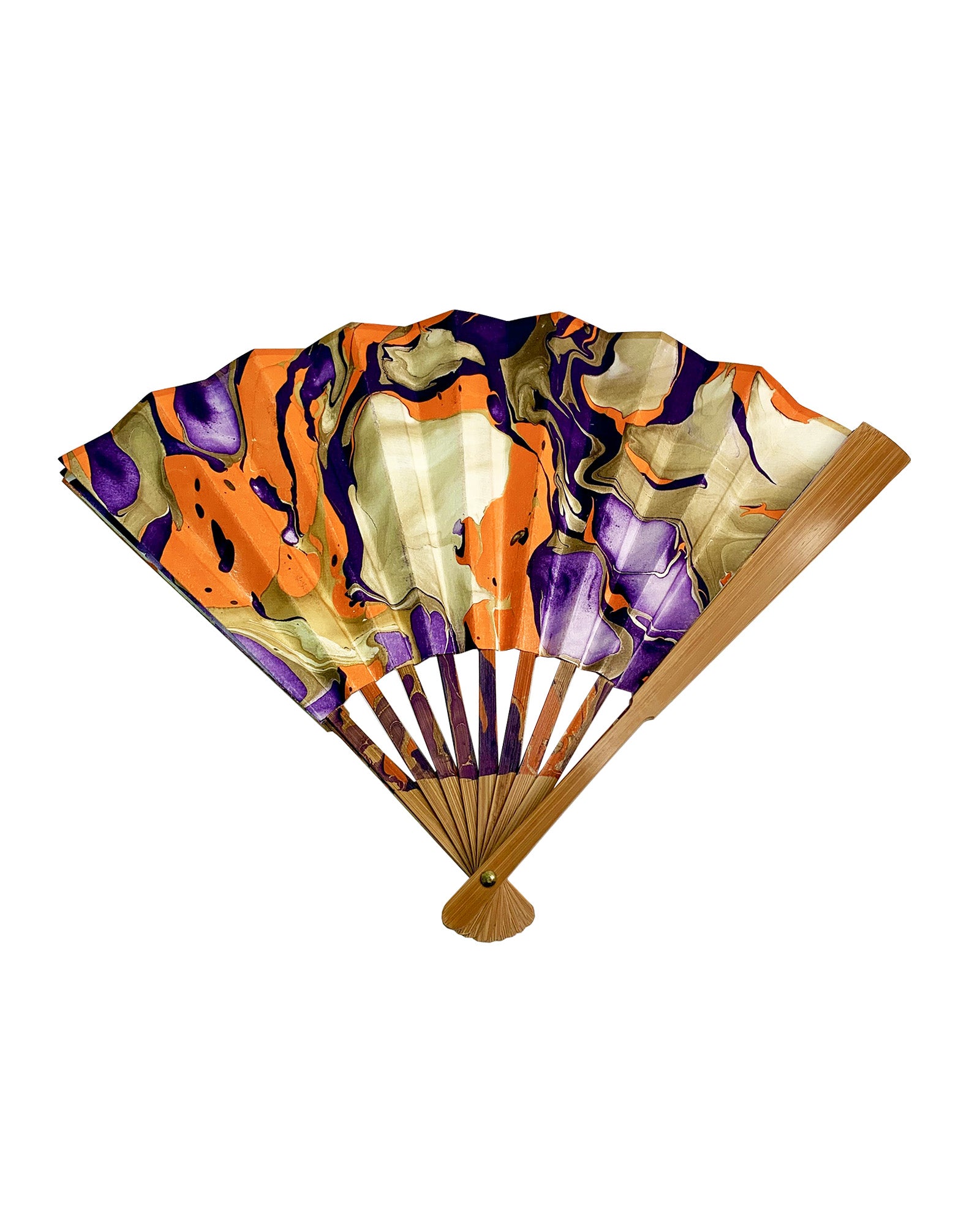 Partially open view of LanHeal 'Strange Atmosphere' handmade folding fan on white background, showing a mesmerizing design.