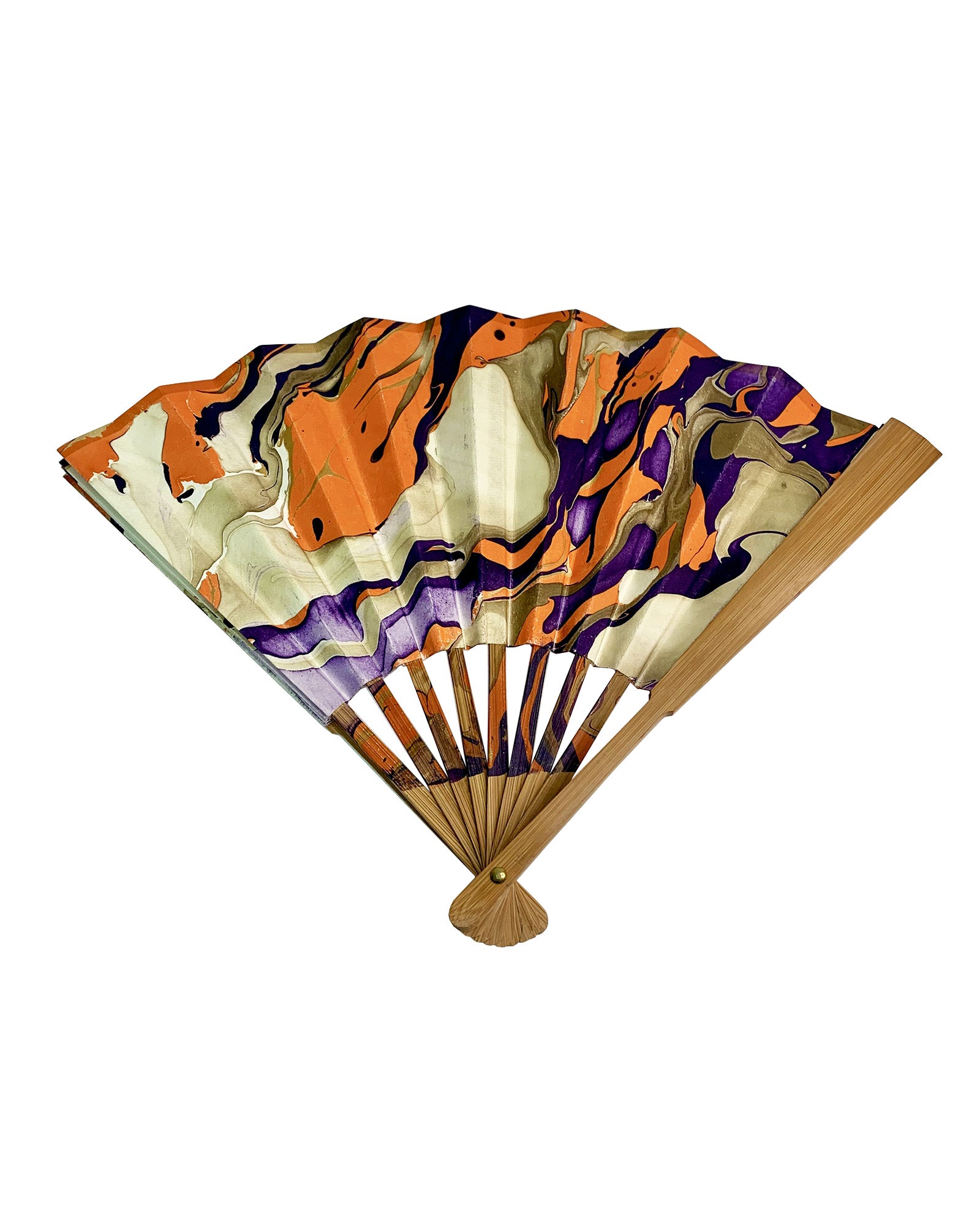 Partially open front view of LanHeal 'Strange Atmosphere' handmade folding fan on white background, This fan depicts multiple orange snakes coiling around vivid purple venom, creating a dynamic and surreal visual experience.