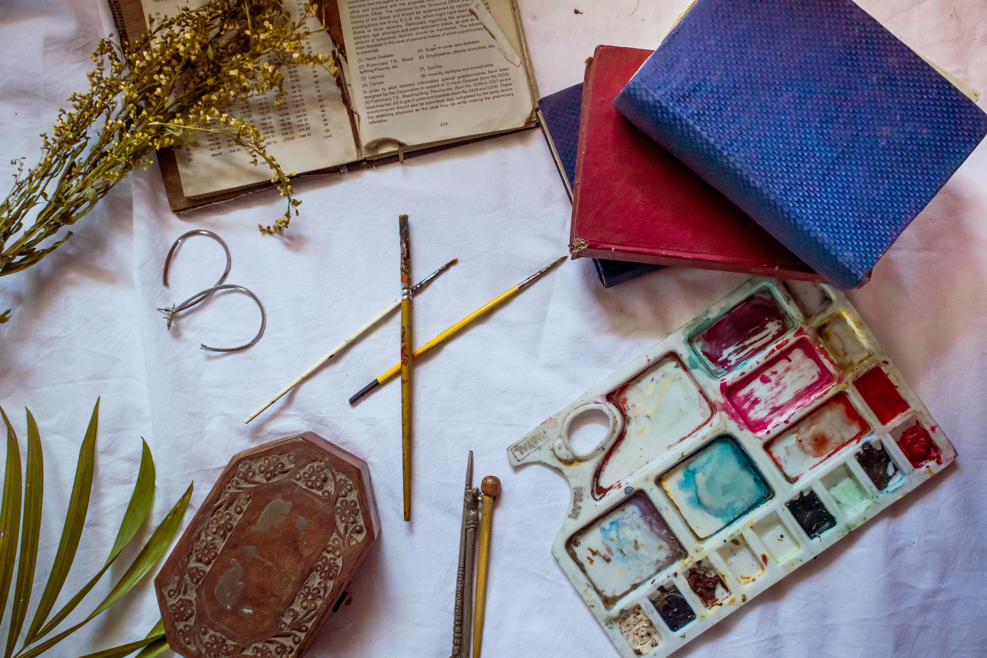 flatlay-of-painting-supplies-and-books-with-dried-flowers This free image is provided by Burst the third-party partners of Shopify.